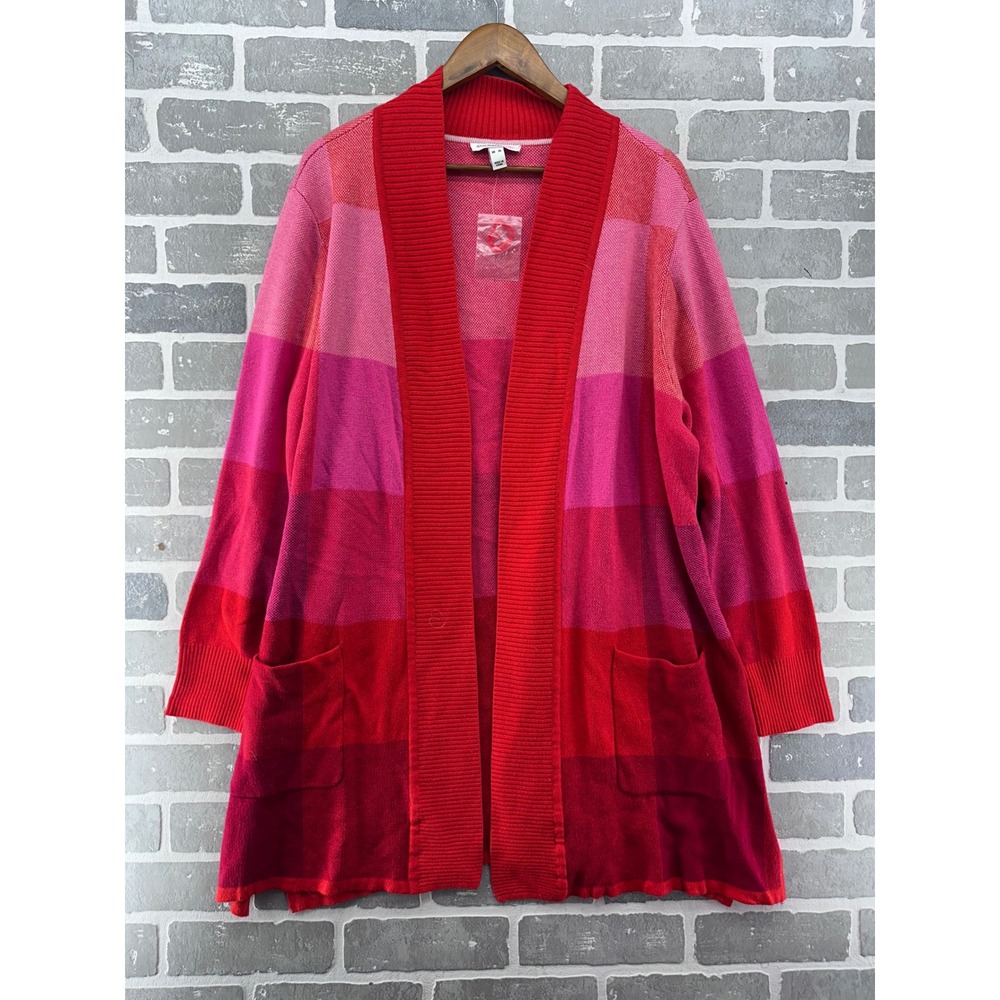 Isaac Mizrahi Live Womens XL Red Pink Plaid Open Front Cardigan A385866